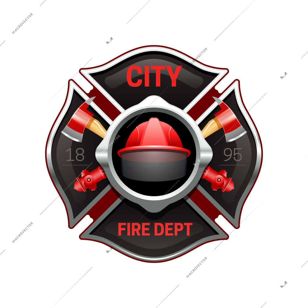 City fire department organization realistic logo emblem design with crossed axes and pumps red black vector illustration