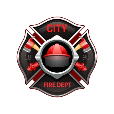 City fire department organization realistic logo emblem design with crossed axes and pumps red black vector illustration