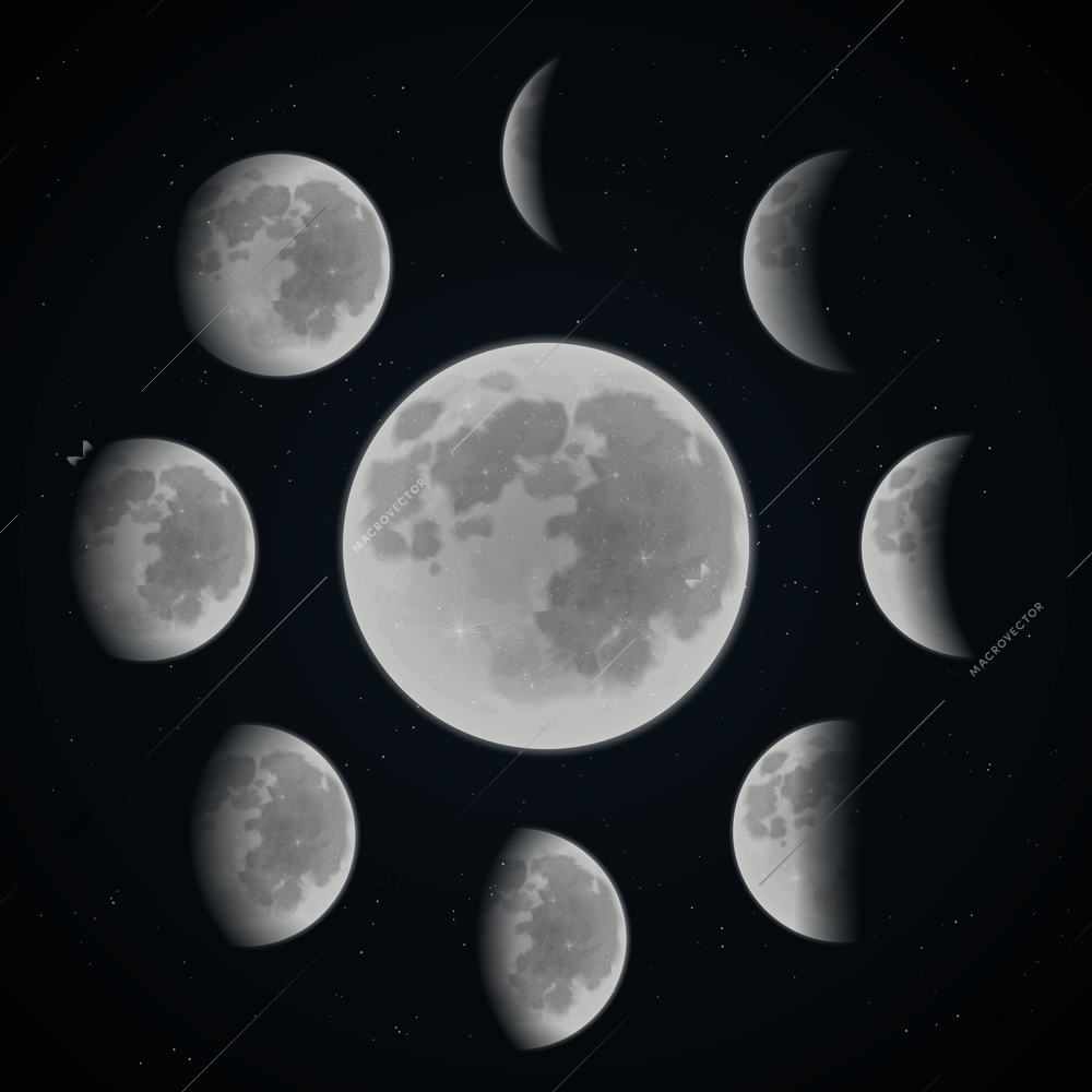 Moon phases set on dark space background with stars realistic vector illustration