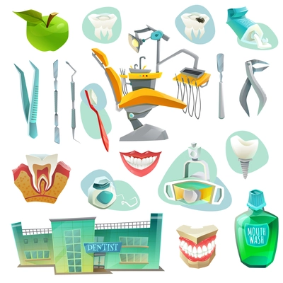 Dental office decorative icons set with workplace medical instruments objects for health of teeth isolated vector illustration