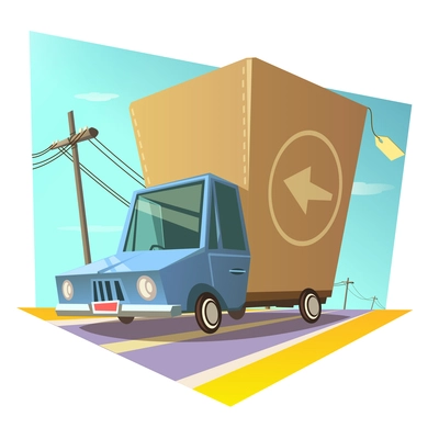 Warehouse and shipping concept with retro cartoon style delivery truck vector illustration