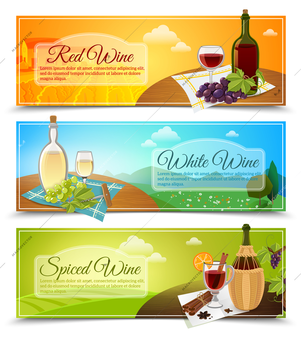 Set of three horizontal colored banners in a modern style with different types of wines vector illustration