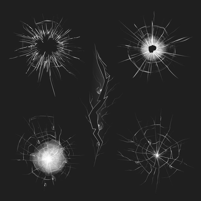 Set of glass crack with different types of damage on black background graphic isolated vector illustration