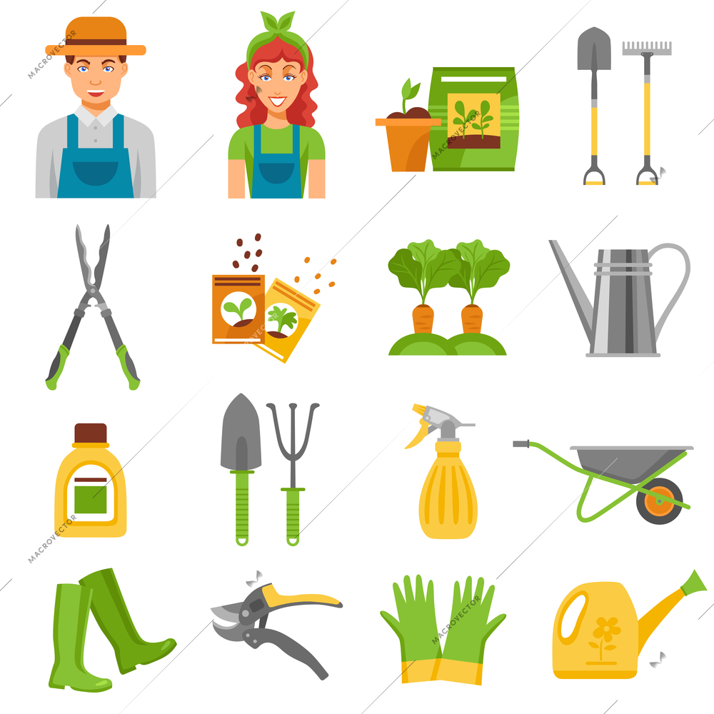 Farmers gardening tools accessories flat icons set with barrow rake and seedlings to plant abstract isolated vector illustration