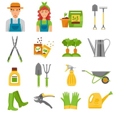 Farmers gardening tools accessories flat icons set with barrow rake and seedlings to plant abstract isolated vector illustration