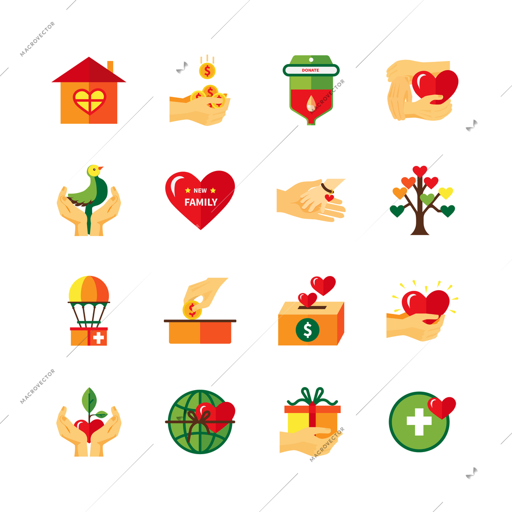 Non profit charity organizations symbols of fundraising donations and love flat icons collection abstract isolated vector illustrati