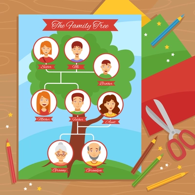 Family tree creative project with paper scissors pencils and relatives pictures arrangement flat poster abstract vector illustration