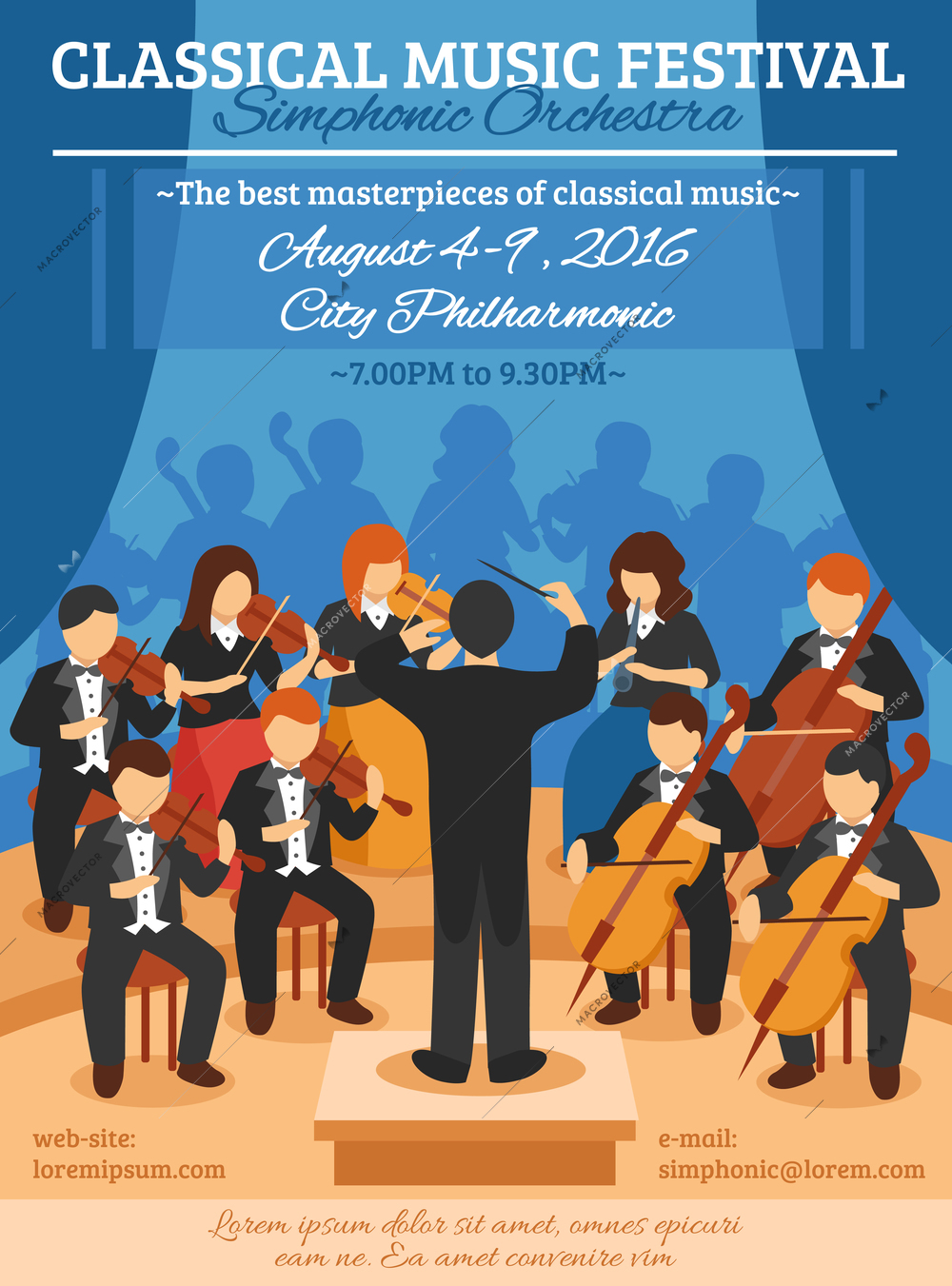 Classical music festival flat poster with musicians of symphonic orchestra and conductor vector illustration