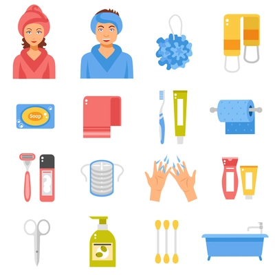 Bathroom hygiene accessories flat icons collection with soap sponge scissors and bathtub abstract isolated vector illustration