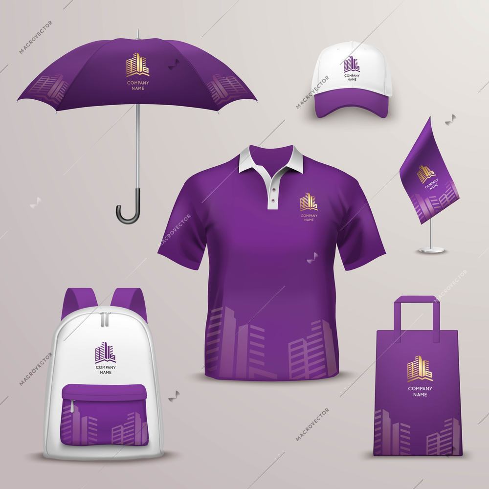 Promotional souvenirs design icons for corporate identity with violet and white color shapes isolated vector illustration