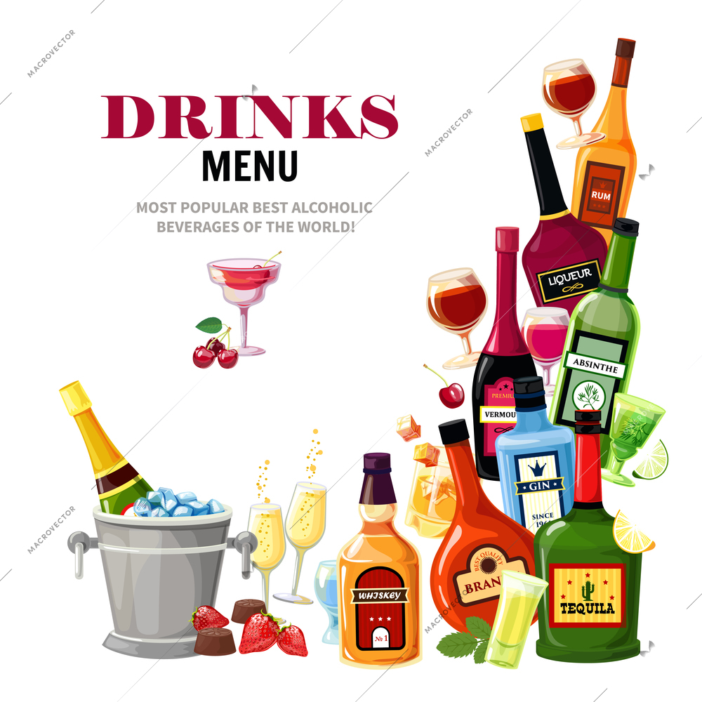 Alcoholic beverages colorful composition for restaurant bar drinks menu flat poster print with tequila shot vector illustration