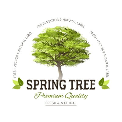 Typography logo emblem with realistic green spring tree and premium quality text vector illustration