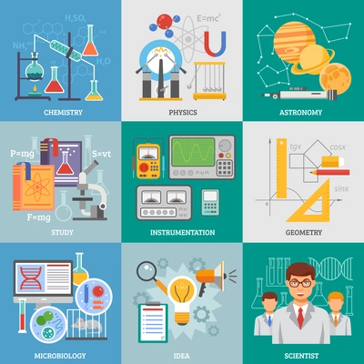 Exact science research 9 flat icons composition poster with chemistry physics astronomy symbols abstract isolated vector illustration