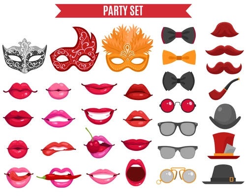 Funny party icons set of mask for masquerade fake mustache tie butterfly and women lips  in retro style flat isolated vector illustration