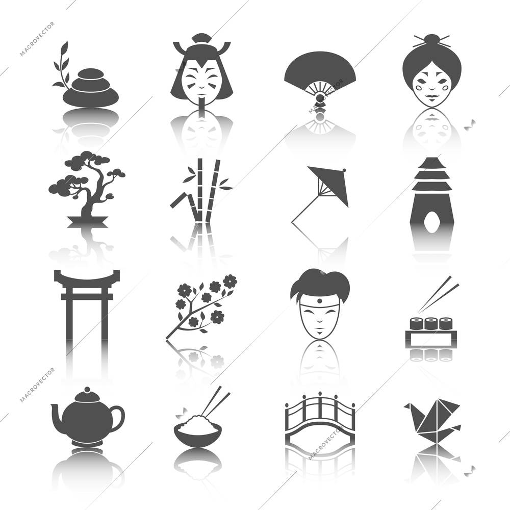 Japanese culture icons set of bonsai tree origami sushi and tea ceremony isolated vector illustration