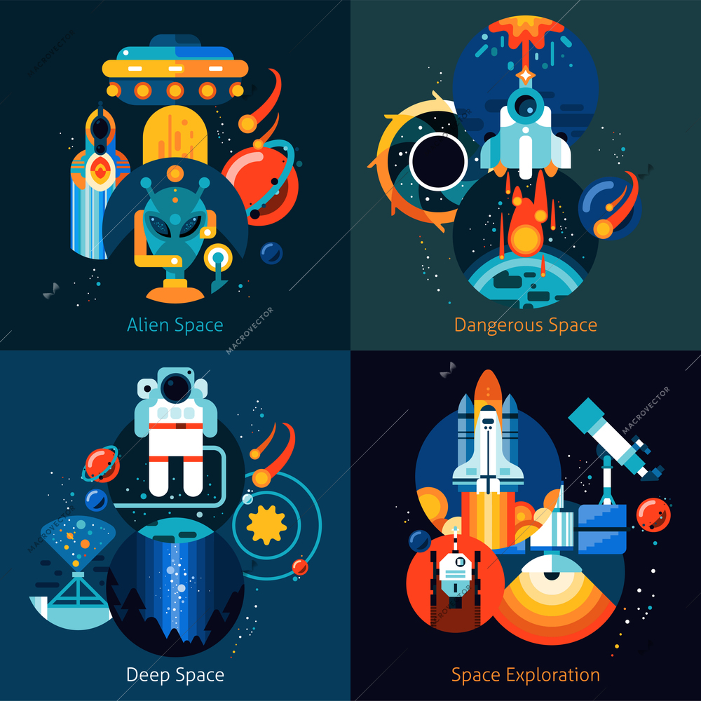 Space design concept set with aien and cosmos exploration flat icons isolated vector illustration