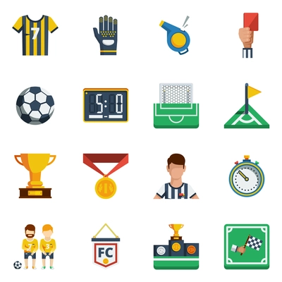 Soccer flat isolated  colored  icon set with different equipment and decorative symbols of field signs and players vector illustration