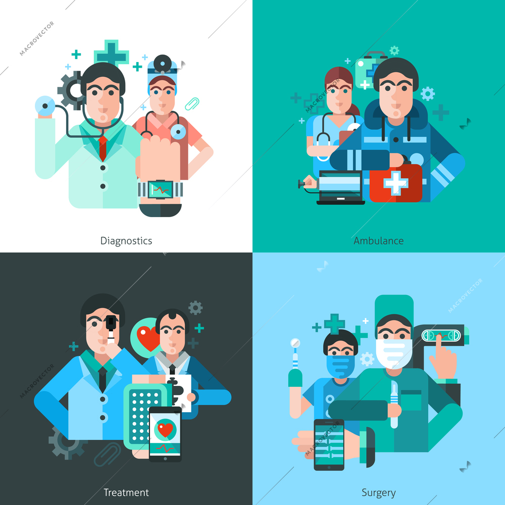 mall posters set with doctor characters specializing in diagnostics ambulance treatment and surgery flat vector illustration