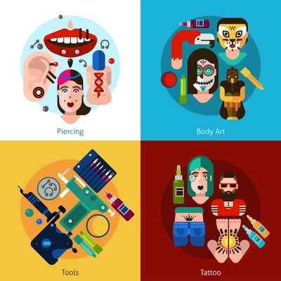 Set of 2x2 images with piercing body art tools and tattoo elements flat vector illustration