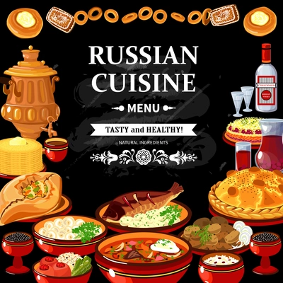 Russian cuisine restaurant menu black board poster with colorful traditional dishes vodka and samovar abstract vector illustration