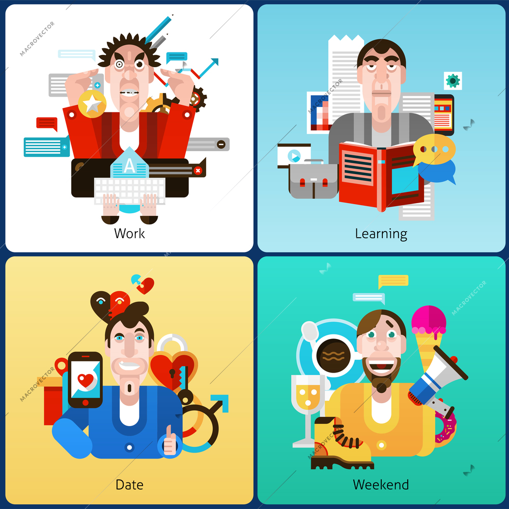 Emotion design concept set with people at work learning date weekend flat icons set isolated vector illustration