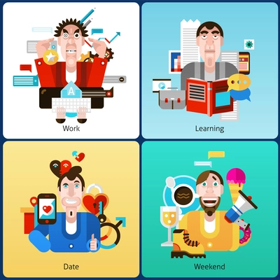 Emotion design concept set with people at work learning date weekend flat icons set isolated vector illustration