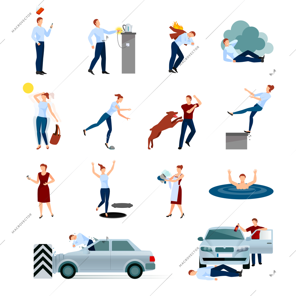 Accidents injuries dangers decorative icons set with fallings poisoning bites of animals road crashes isolated vector illustration