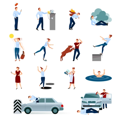 Accidents injuries dangers decorative icons set with fallings poisoning bites of animals road crashes isolated vector illustration