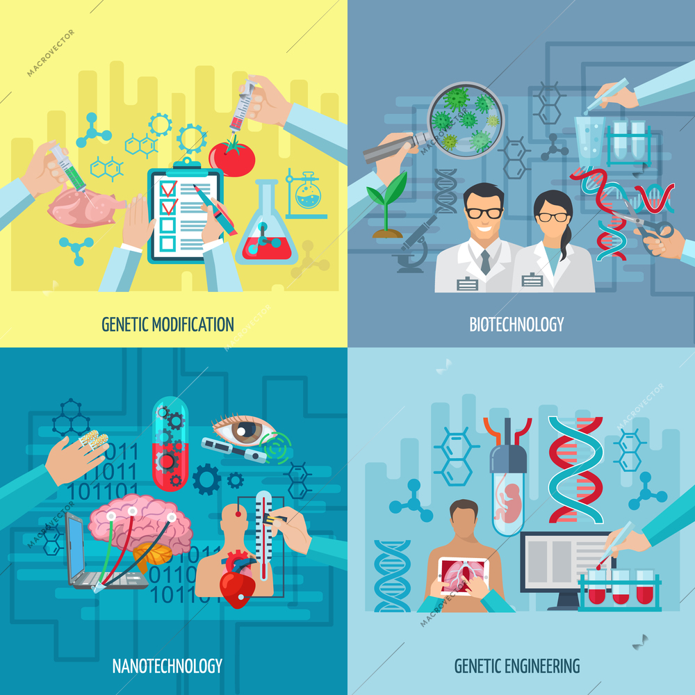 Biotechnology icons concept composition of genetic engineering nanotechnology and genetic modification square elements flat vector illustration