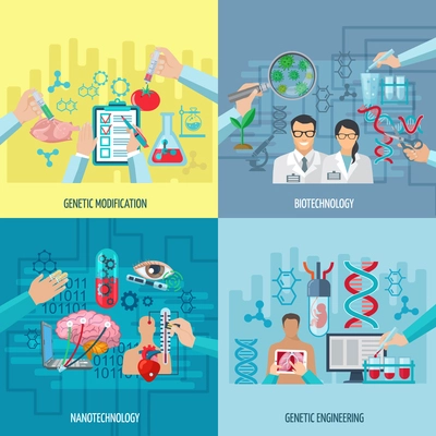 Biotechnology icons concept composition of genetic engineering nanotechnology and genetic modification square elements flat vector illustration