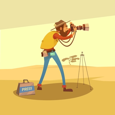 Journalist in a dry desert making photos with camera cartoon vector illustration
