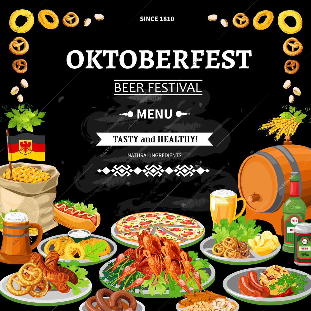 German annual oktoberfest beer festival traditional dishes menu on black chalkboard background poster flat abstract vector illustration