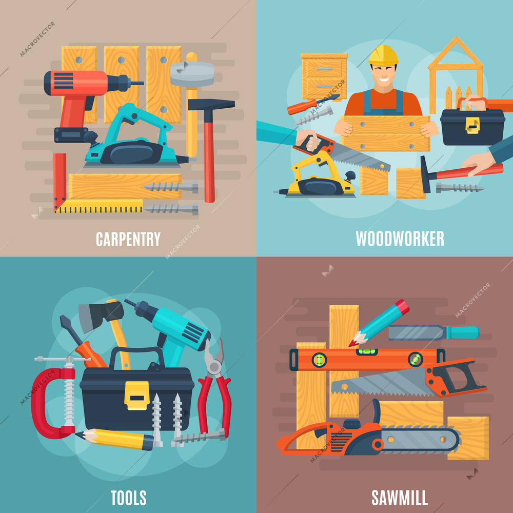 Carpentry design concept set of woodworker tools and sawmill equipment square composition flat vector illustration