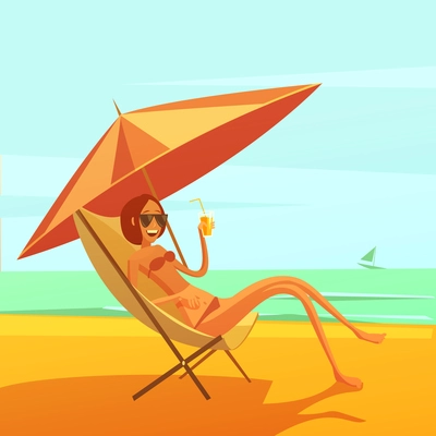 Rest at sea background with woman in a chaise lounge drinking cocktail cartoon vector illustration