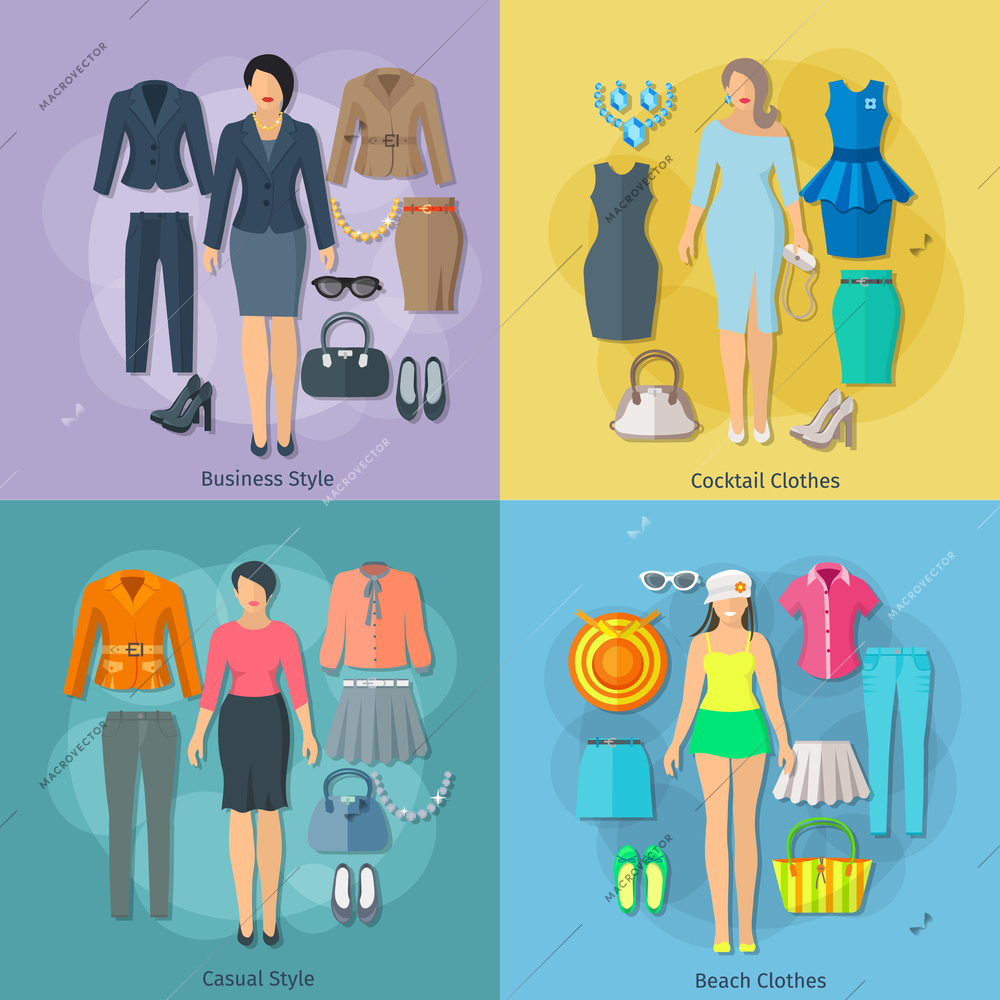 Woman clothes concept square composition of business cocktail beach and casual styles icons set flat vector illustration