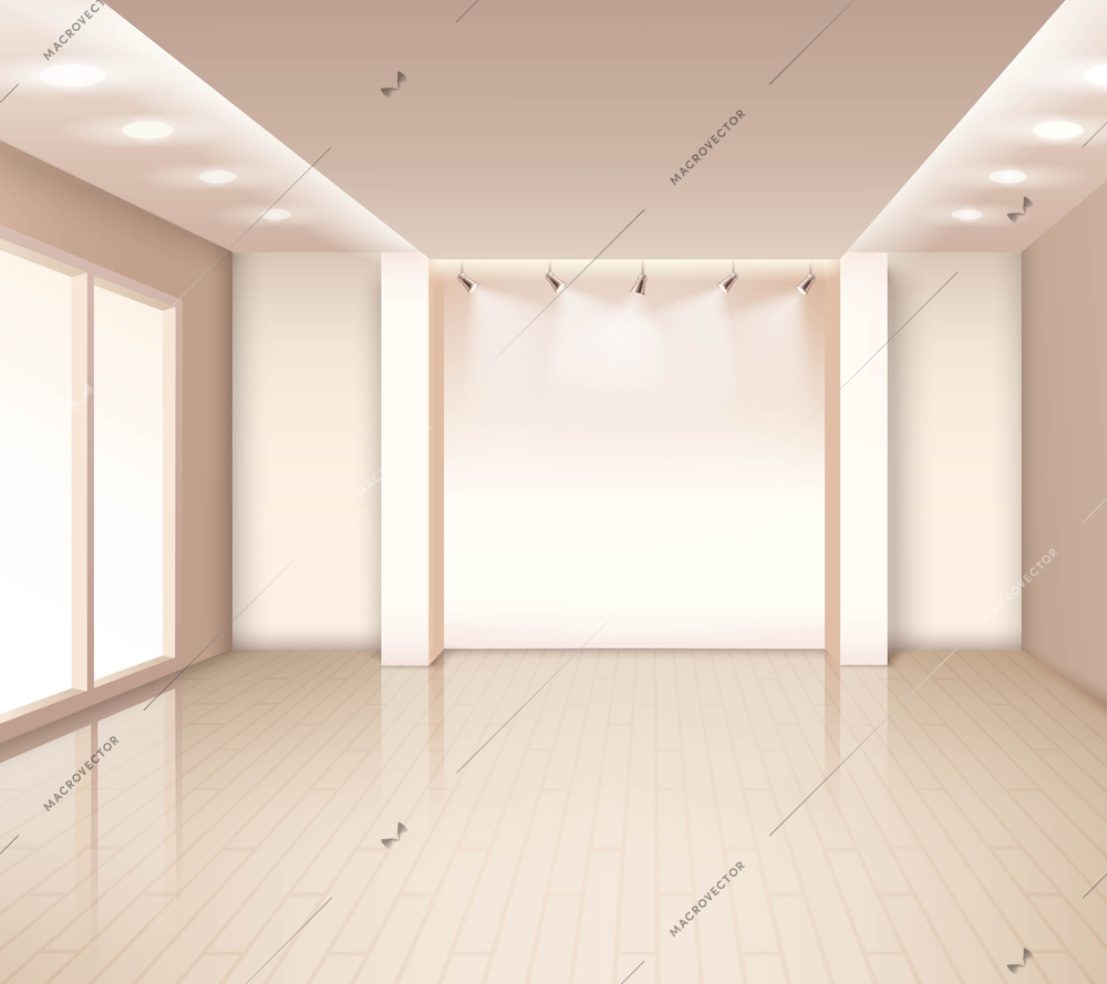 Empty  modern room interior with french windows illumination at ceiling in pale rose color vector illustration