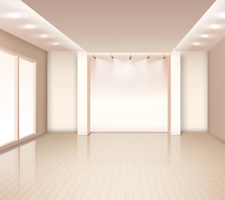 Empty  modern room interior with french windows illumination at ceiling in pale rose color vector illustration