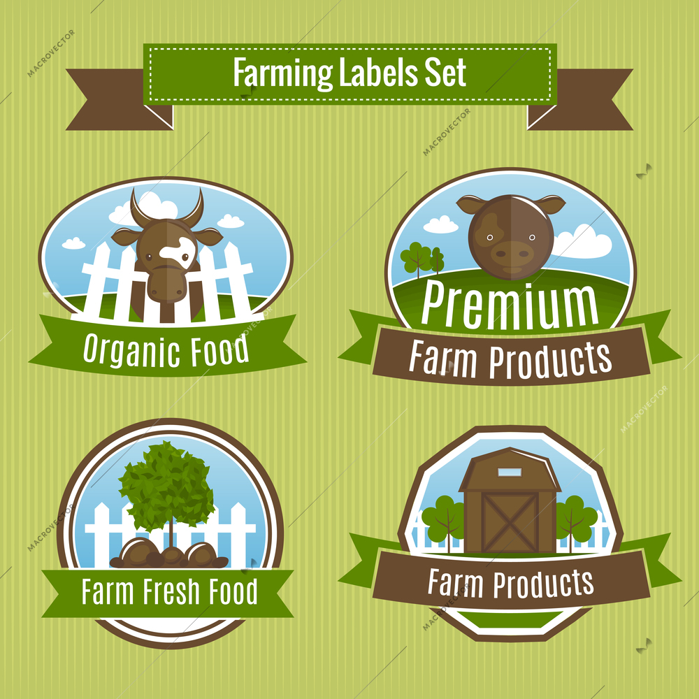 Farming harvesting and agriculture badges or labels set vector illustration