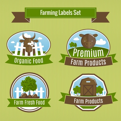 Farming harvesting and agriculture badges or labels set vector illustration