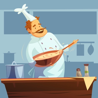 Cooking workshop with chef mixing ingredients  in a bowl cartoon vector illustration