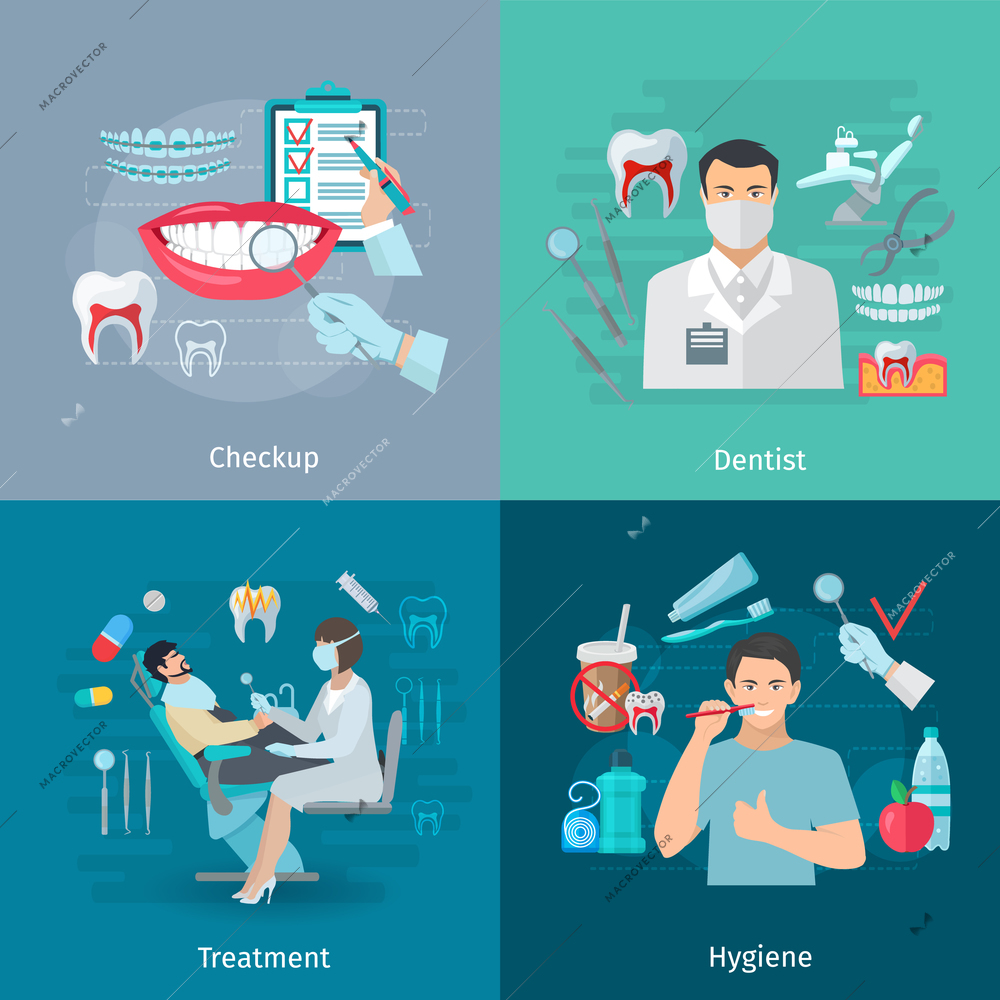 Flat color teeth care concept square composition of medical checkup dentist tools treatment and hygiene isolated vector illustration