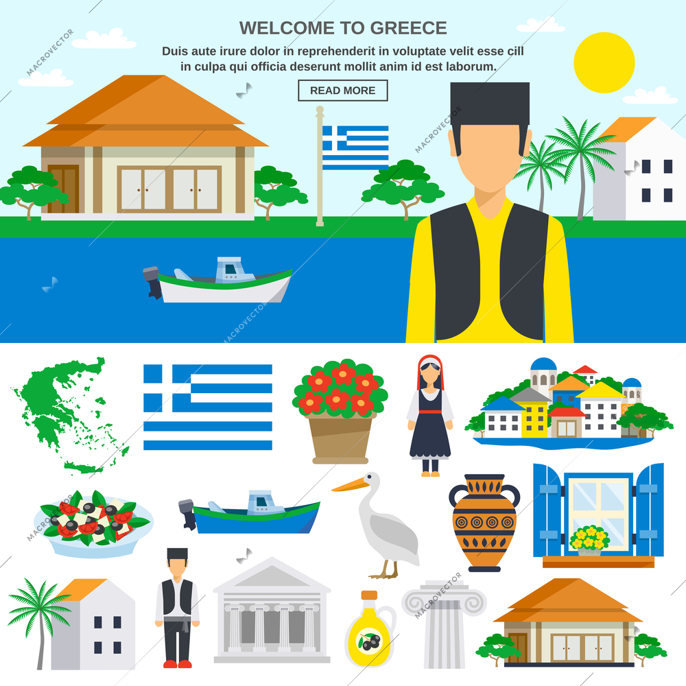 Greece Flat icon set with traditional costumes food buildings nature and abstract landscape vector illustration