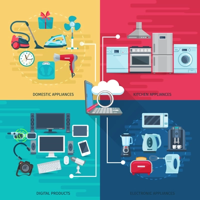 Household icons concept set of domestic appliances kitchen equipment and digital products square composition flat vector illustration