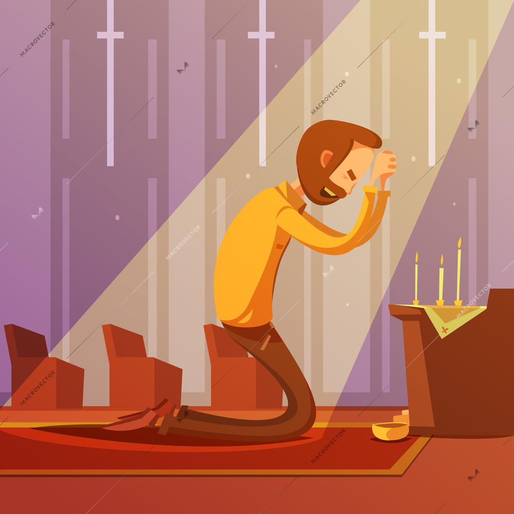 Man praying on his knees in a christian church with candles cartoon vector illustration