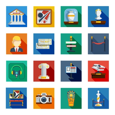 Museum flat squared icon set with colorful shadowed flat elements of museum equipment exhibit and announcement vector illustration