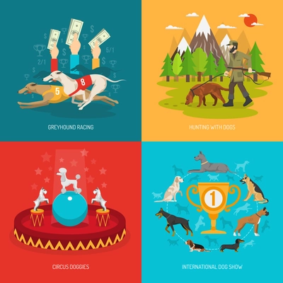 Dog breeds design concept set with circus racing and hunting animals flat icons isolated vector illustration