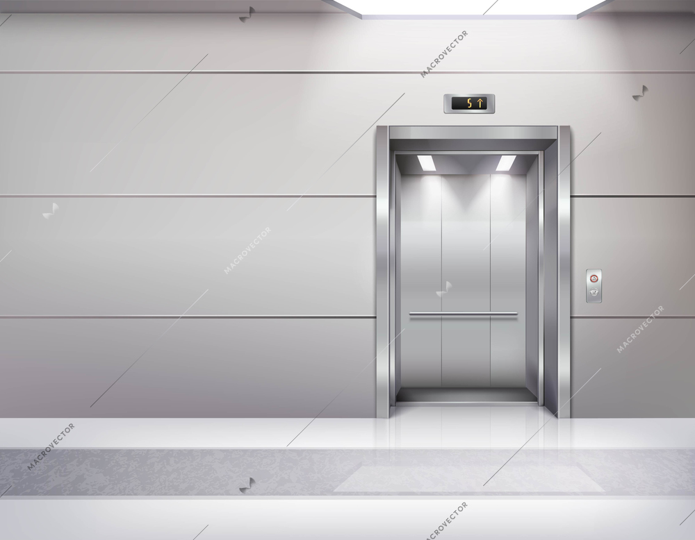 Realistic empty elevator hall interior with waiting lift marble floor ceiling window and grey walls vector illustration