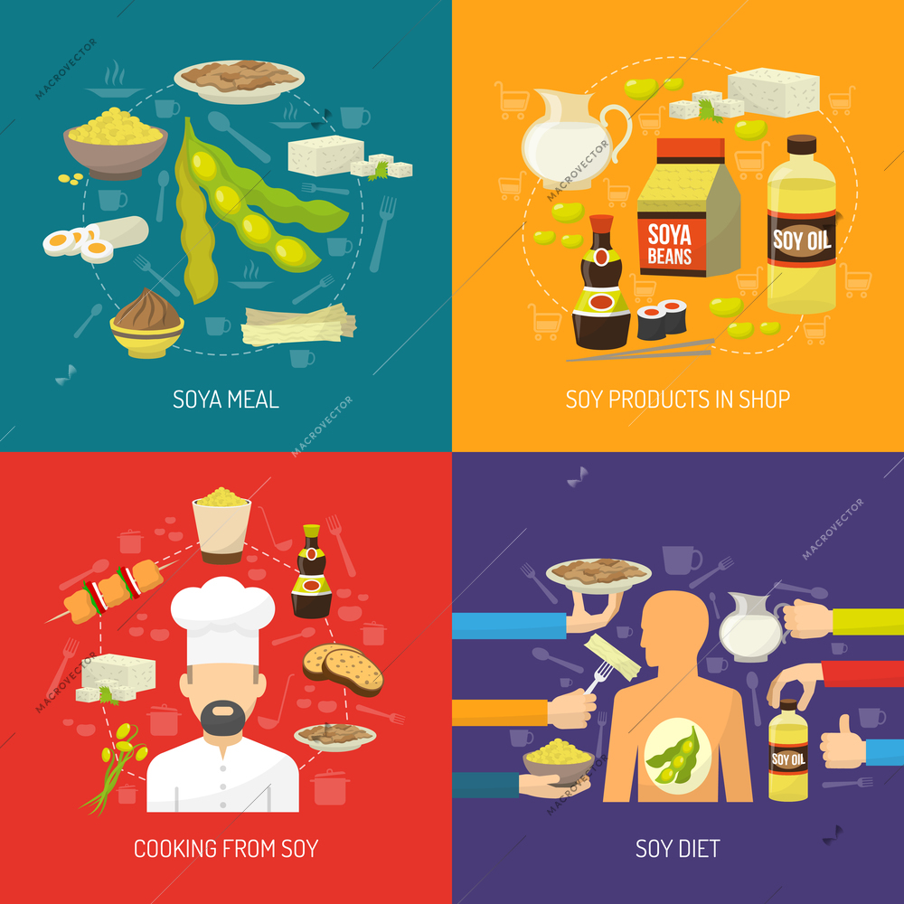 Soy food design concept set with soya products flat icons isolated vector illustration