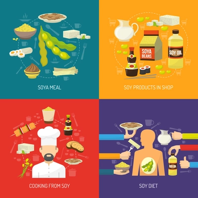 Soy food design concept set with soya products flat icons isolated vector illustration