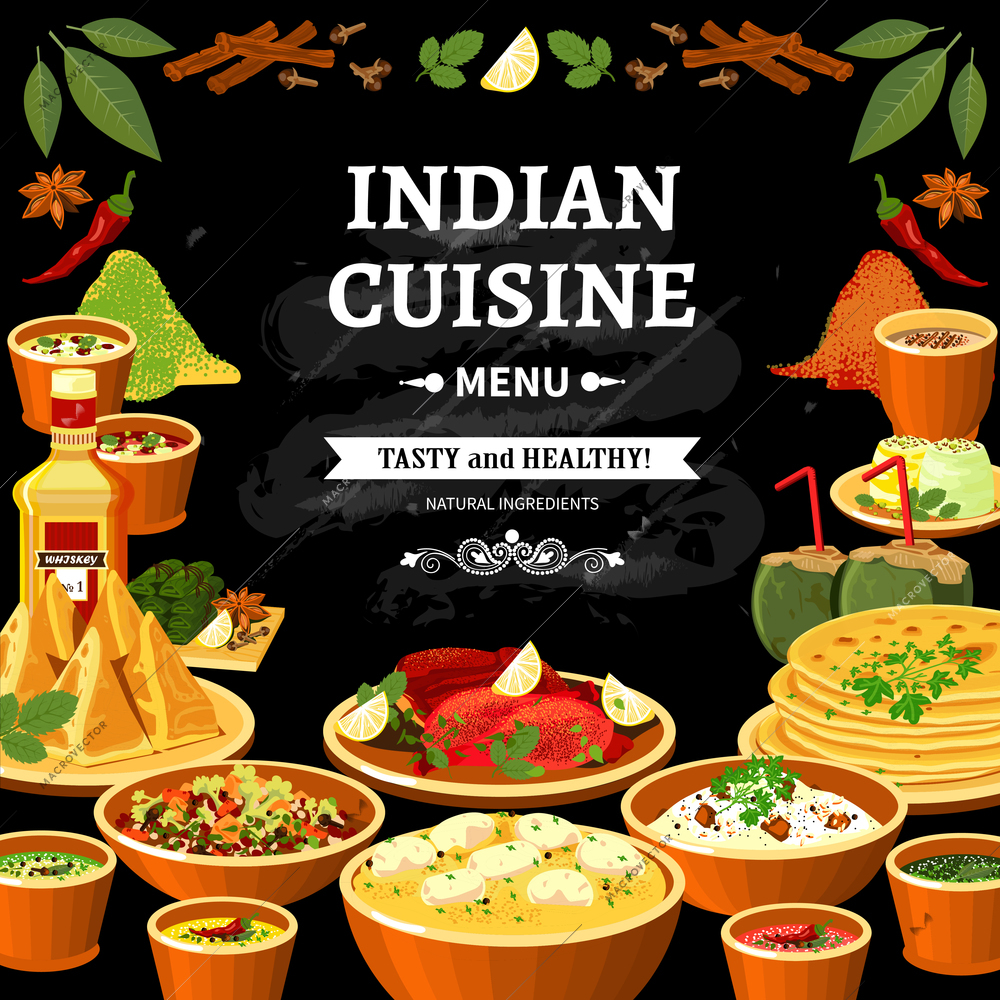 Indian cuisine restaurant menu black board poster with colorful traditional spicy flavored dishes abstract vector illustration